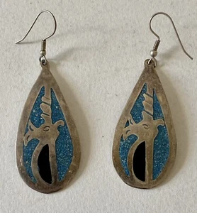 Vintage Mexican Alpaca Silver And Enamel Dangle Earrings Unicorn - Picture 1 of 2