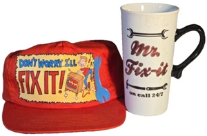 Vintage Avon Don't Worry I'll Fix It Funny Dad Hat & On Call 24/7 Coffee Mug Lot - Picture 1 of 4