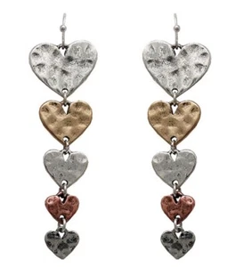 VALENTINES DAY REPEATING MULTI-TONE HEARTS DANGLE PIERCED LONG METAL EARRINGS - Picture 1 of 1