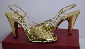 Sandalo Salvatore Ferragamo Viceversa 9,5M tono oro paillettes agnello tacco lucido nuovo con scatola - Foto 1 di 15