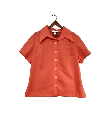 Vintage 1960s 1970s Groovy Salmon Pink Button Up JCPenney Size XL Mod Retro - Image 1 of 4