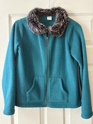 Gymboree Girls Blue Green Zip Faux Fur Collar Fleece Jacket Coat Large 10-12 - Image 1 of 4