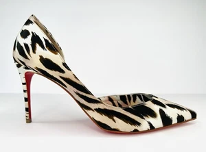 CHRISTIAN LOUBOUTIN Iriza 85 mm zebrato crepe raso mezzo d'Orsay décolleté EU 38,5 - Foto 1 di 11