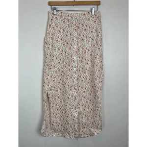 100% Linen Maxi Skirt Pockets S Cottage Core Micro Floral Button Side Slits - Picture 1 of 8