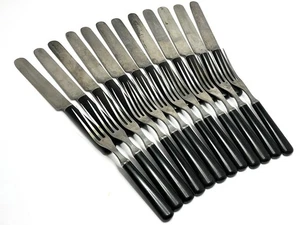 Coltelli antichi vintage 24 pezzi Lamson Goodnow in bachelite celluloide nera e forchette a 3 denti - Foto 1 di 9