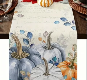 Linen Fall Table Runner Blue Pumpkin & Teal Eucalyptus Leaves Design 13x48in - Picture 1 of 9