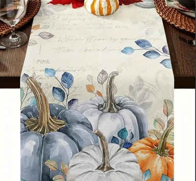 Linen Fall Table Runner Blue Pumpkin & Teal Eucalyptus Leaves Design 13x48in - Image 1 of 4