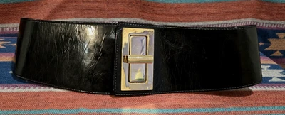 Suzi Roher Black Patent Belt Medium Stretch Wide Gold-tone Buckle Boho Hippie - Image 1 of 4