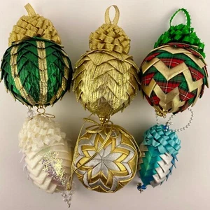 Handmade Ribbon and Bead Christmas Tree Ornaments, Lot of Six, Non-breakable - Picture 1 of 6
