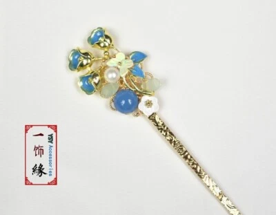 Pin de pelo dorado esmalte flor azul palo de pelo boda pieza de cabello nupcial Foto 1 de 4