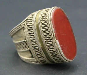Anello in argento turkmeno, anello in pietra corniola, anello tribale lavaggio oro parziale 9 US - Foto 1 di 9