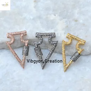 Natural Pave Diamond Carabiner Clasp Lock Gold Vermeil 925 Solid Silver Finding - Picture 1 of 4