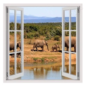 Elefantes africanos por ventana 3D falsa | Lienzo listo para colgar | Pintura de arte de pared HD - Imagen 1 de 6