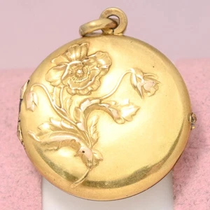 Antique Victorian Poppy Flower Yellow Gold Plate Repousse Locket Charm Pendant - Picture 1 of 7
