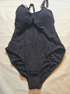 Women's Square Neck Pucker High Leg One Piece Swimsuit Shade & Shore Black M - Picture 1 of 7