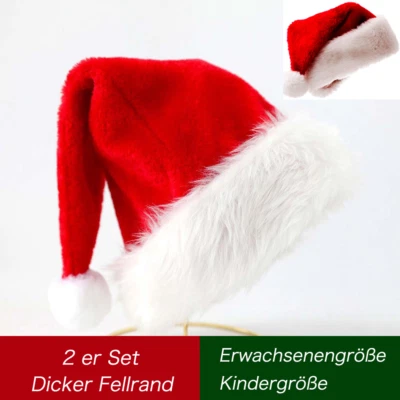 2er Set Weihnachtsmütze Nikolausmütze Rot Plüsch Mütze Dicker Fellrand Erw. Kind - Bild 1 von 4