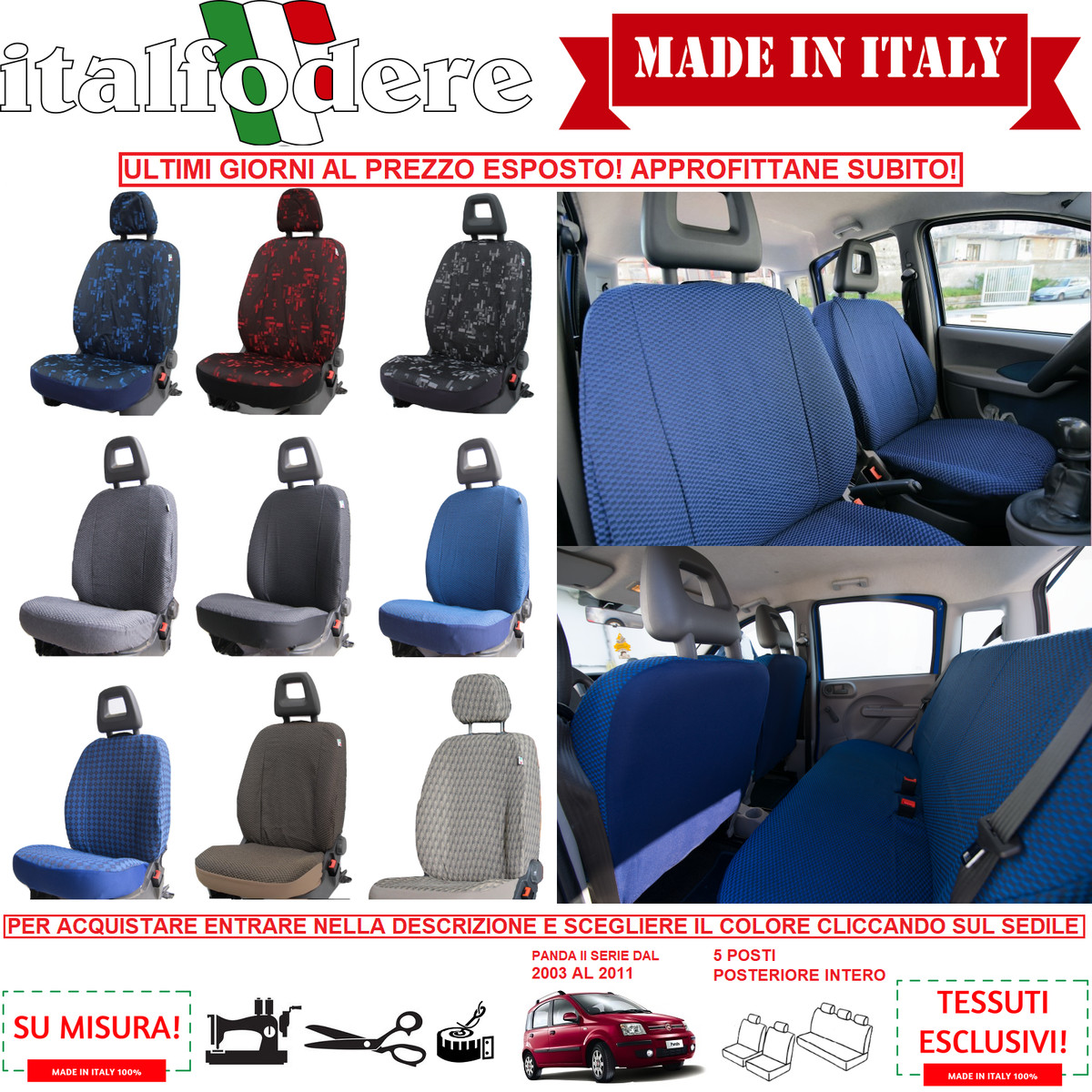 Accessori Fiat Panda Coprisedili Italfodere Per Fiat Panda 2003-2011 - Tessuto Azzurro/Nero, Facili Da Installare Fodere Auto Specifiche