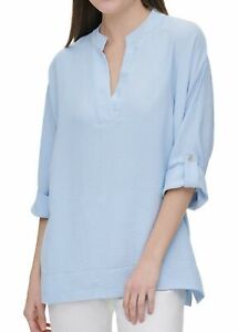 Calvin Klein Womens Blouse Blue Size XL Split-Neck Roll-Tab-Sleeve $79 151