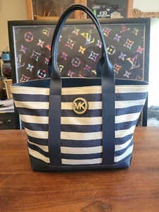 MICHAEL KORS FULTON CANVAS STRIPED MED TOTE SHOULDER BAG NAVY AUTHENTIC - Picture 1 of 17