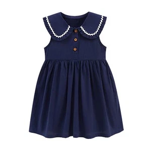 Toddler Girl Sleeveless Dress Summer Navy Blue Peter Pan Collar Button Front ... - Picture 1 of 5