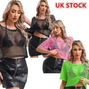 Womens Hollow Out Fishnet Neon Crop Top See-through Short Sleeve Mesh T-shirt - Picture 1 of 31