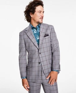 Tallia Men's 38 Long Slim Fit Stretch Plaid Sport Coat Blazer In Gray Brown - Picture 1 of 3