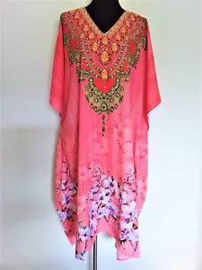 HEAVILY EMBELLISHED DIGITAL PINK FLORAL PRINT V NECK CREPE KAFTAN/DRESS KC11 - Picture 1 of 3
