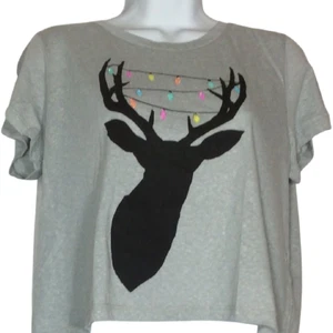Aeropostale Gray Christmas Crop Top Shirt Size L Reindeer Antler Glitter Lights - Picture 1 of 4