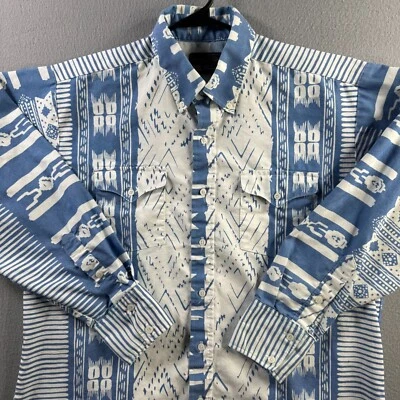 Vintage Panhandle Slim Shirt Mens 17x35 Blue Aztec Western Button Up Made in USA - Image 1 of 4