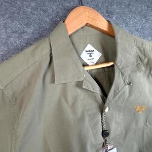 Barbour Shirt Mens Large Olive Green Short Sleeve Slim Fit Cuban Collar Acton - Picture 1 of 13