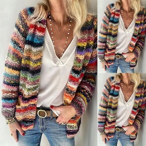 Womens Rainbow Fairisle Knitted Cardigan Open Front Tops Sweater Coat Size 6-16 - Picture 1 of 14