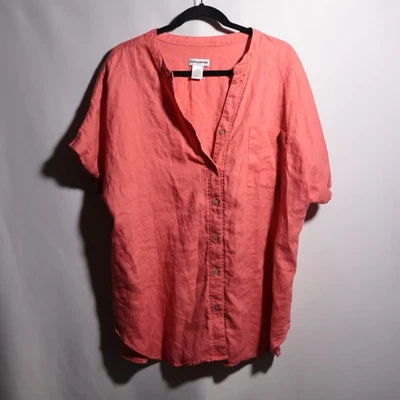 Coral Pink 100% Linen Button Up Top Collarless Lagenlook Womens XL Short Sleeve - Image 1 of 4