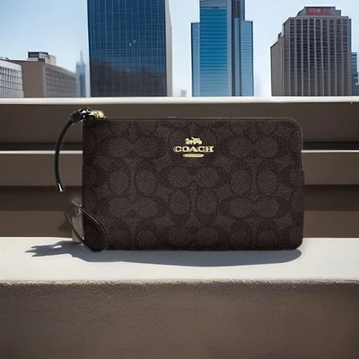 Muñequera COACH 6648 Signature de lona grande con cremallera en la esquina ~ marrón/negro ~ nueva con etiquetas Foto 1 de 4