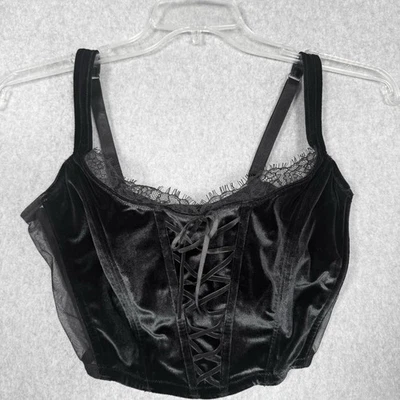 Victorias Secret Dream Angels Black Velvet Mesh Lace Up Corset Crop Top Goth DD - Image 1 of 4