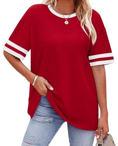 Plus Size Striped Short Sleeve T-Shirt for Women - Trendy Deep Red - Picture 1 of 4