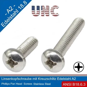 Linsenkopfschrauben 6-32 UNC mit Kreuzschlitz Phillips Edelstahl A2 | 304, - Picture 1 of 19