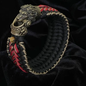 Paracord Bracelet, brass Lion head clasp, stitched - Picture 1 of 16