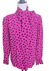 Vintage Fushia Silk Blouse Pussy Bow 1980s Secretary Shirt Long Sleeve Sz 16 - Picture 1 of 12