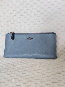 Coach Double Zip Pebble Leather Colorblock Wallet Slim Bifold Snap 31262 Blue - Picture 1 of 15