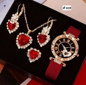 Red Elegant Rhinestone Jewelry 4 Pc Set Includes Watch Necklace Earrings Pendant - Picture 1 of 10