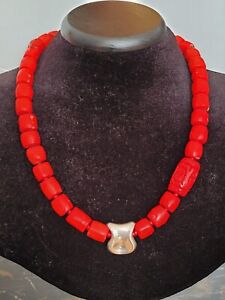 OOAK HANDMADE ARTISAN NECKLACE WITH NATURAL SEA RED CORAL AND SS925 PENDANT
