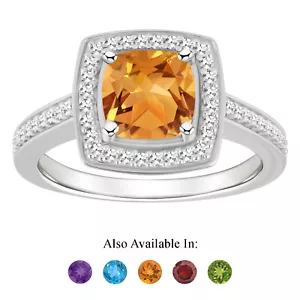 Sterling Silver 7mm Cushion Genuine Natural Citrine 1/4 CTW Diamond Halo Ring - Picture 1 of 5
