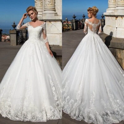 Elegante Vestido de Novia Línea A Cuello Redondo Mangas 3/4 Apliques de Encaje Vestidos de Novia Foto 1 de 4