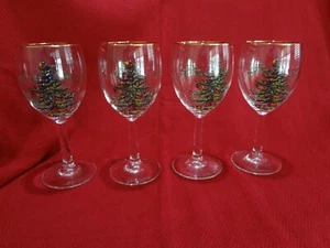 Spode Christmas Tree - Set of 4 Stemmed Wine Glasses with Gold Rim - Picture 1 of 6