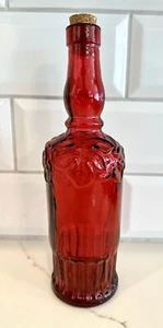 Pier 1 Cranberry Red Glass Embossed Decorative Bottle with Cork Spain 11" - Picture 1 of 6
