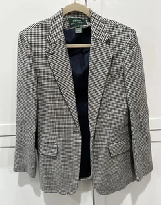 Lauren Ralph Lauren Blazer Womens 10 Blue Houndstooth Jacket Pocket 100% Linen - Picture 1 of 12