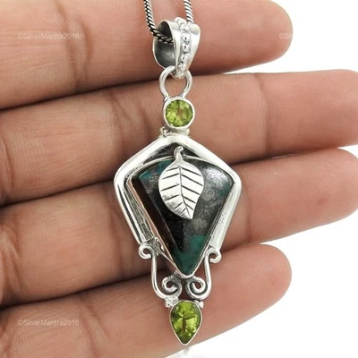 Cubico Azzurrite Natale Mamma Terzo Occhio Chakra Ciondolo Massiccio Argento - Immagine 1 di 4