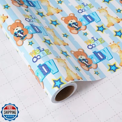 Rollo de papel de envolver para baby shower ZINTBIAL - azul bebé niño animal corazón tema N Foto 1 de 4