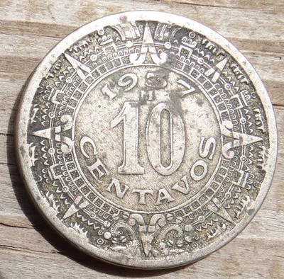1937 M Mexican 10 Centavos Silver Coin Eagle Design & Intricate Details - Image 1 of 2