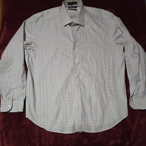 Camicia elegante uomo Saks Fifth Avenue slim fit 171/2 36/37 blu beige quadri cotone - Foto 1 di 7